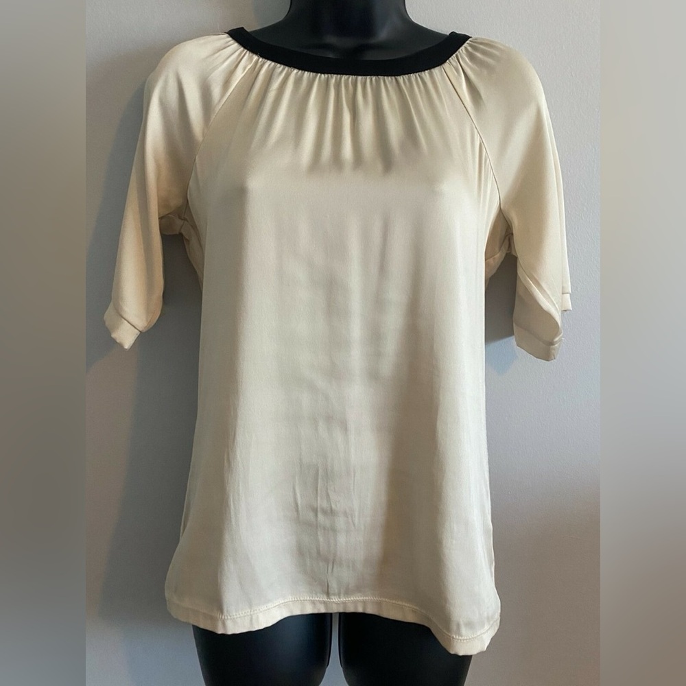 The Limited Cream Short-Sleeve Scoop Neck Blouse with Black Trim